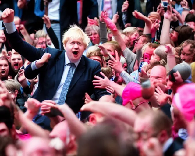 Image similar to boris johnson mosh pit inside a room made out of bubblegum