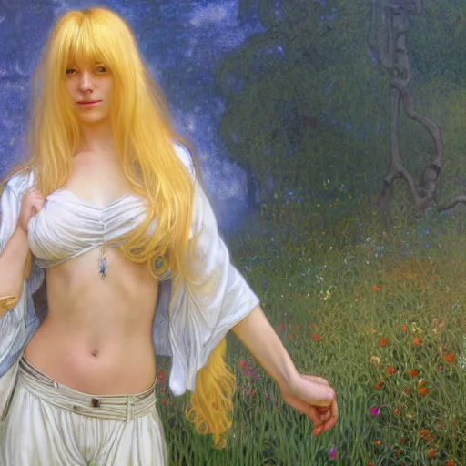 Prompt: A young woman with blonde long hair and bangs in shorts and white shirt drawn by Donato Giancola and Julie Bell, Luis Royo, alphonse mucha, background by James Jean and gustav klimt and John Marshall Gamble, 4k, volumetric lighting, french nouveau, trending on artstation, octane render, hyperrealistic