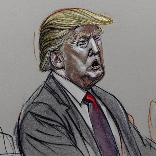 Image similar to donald trump on trial, courtroom sketch