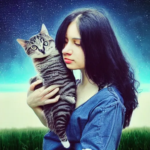 Prompt: a woman with long dark hair holding a cat in her arm standing on steps in a field at night, a hologram by kusama, instagram, optical illusion, full body, ultra hd, neon, pexels contest winner, high quality photo, rtx, hd, shiny eyes, a renaissance painting by sailor moon, anime, anime aesthetic