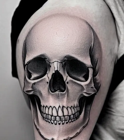 Image similar to a beautiful tattoo design with a creative skull, hyper realistic, black and white, realism, highly detailed