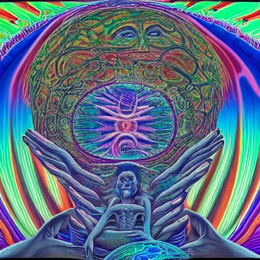 Image similar to Painting of human consciousness spilling from a vessel that is made of a holographic universal mind. By Alex Grey, Terence McKenna, and Adam Jones, Psychedelic . Part by Cameron Grey. masterpeice