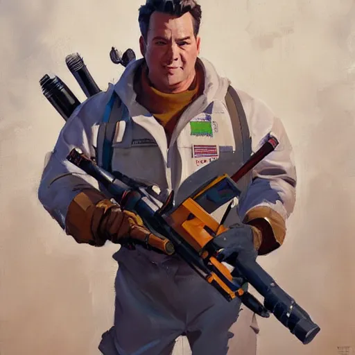 Image similar to greg manchess portrait painting of armored ghostbuster peter venkman overwatch character, medium shot, asymmetrical, profile picture, organic painting, sunny day, matte painting, bold shapes, hard edges, street art, trending on artstation, by huang guangjian and gil elvgren and sachin teng