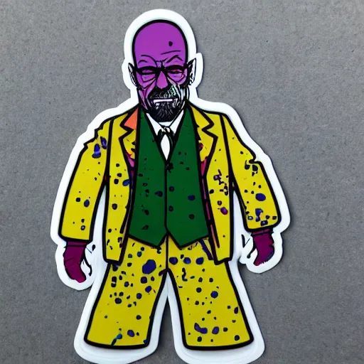 Image similar to die cut sticker, walter white wearing the joker suit, splatter paint