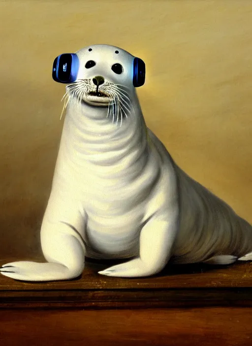 Prompt: highly detailed painting of cute furry white baby seal with an xbox controller by william turner, thick brush strokes and visible paint layers, 4 k resolution