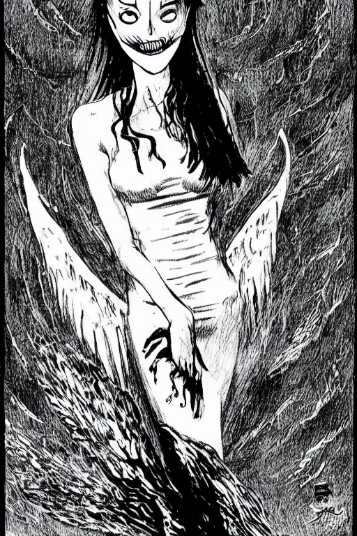 Image similar to angel of death smiling in the dark night, art by takeshi ohbata, junji ito