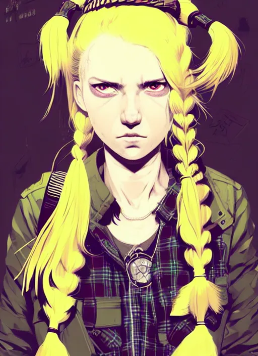 Image similar to highly detailed closeup portrait of a sewer punk pretty swedish female road warrior student, tartan garment, blonde hair pigtails with headband by atey ghailan, by greg rutkowski, by greg tocchini, by james gilleard, by joe fenton, by kaethe butcher, gradient yellow, black, brown and white color scheme, grunge aesthetic!!! white graffiti tag wall background