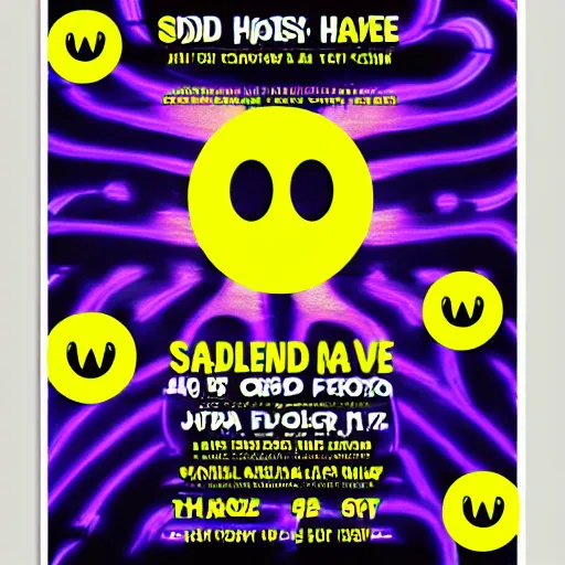 Image similar to acid house rave flyer, poster, smiley face, florescent yellow and black