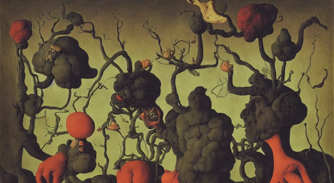 Image similar to portrait of a surreal fungus man. painting by jan van eyck, audubon, rene magritte, agnes pelton, max ernst, walton ford, high contrast!!, dark shadows, sunny day, hard lighting, masterpiece