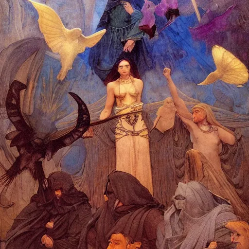 Image similar to war between the house of crows and the house of moths, by Annie Swynnerton and and Nicholas Roerich and Diego Rivera and Maxfield Parrish and Gaston Bussière , symbolist, dramatic lighting, embroidered brocade robes, god rays, rich colors,smooth, sharp focus, extremely detailed