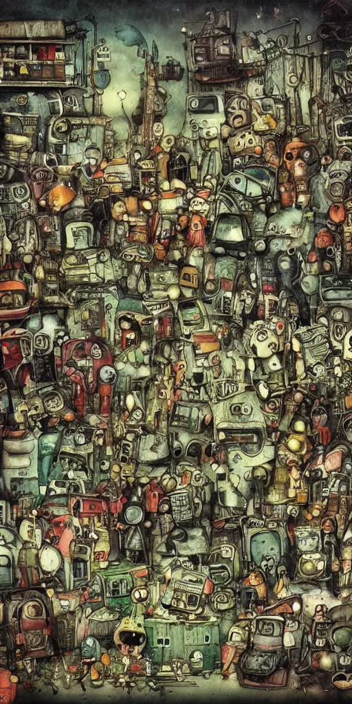 Image similar to a junkyard scene by alexander jansson and where's waldo