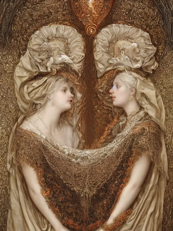 Image similar to a beautiful render of two baroque catholic veiled queen with symmetry intricate detailed heart,sculpture,pray,love,by Maria Mirage,Lawrence Alma-Tadema,peter gric,aaron horkey,Billelis,trending on pinterest,hyperreal,gold,silver,ivory,maximalist,glittering,golden ratio,cinematic lighting