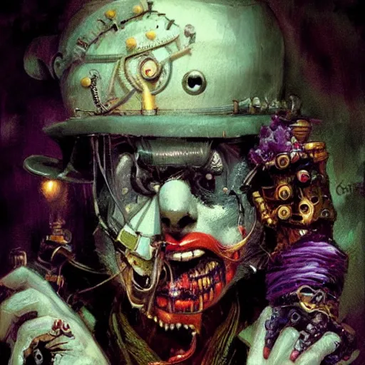 Image similar to Portrait of a creepy steampunk clown, fantasy, colorful, detailed, by Greg Rutkowski and Dave McKean