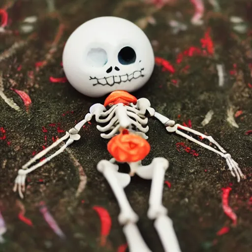 Image similar to an adorable simple porcelain ball jointed skeleton fashion doll lovingly crafted by hand at the park, bright and colorful, wearing festive overalls, worms eye view, macro camera lens, cinematic, focus