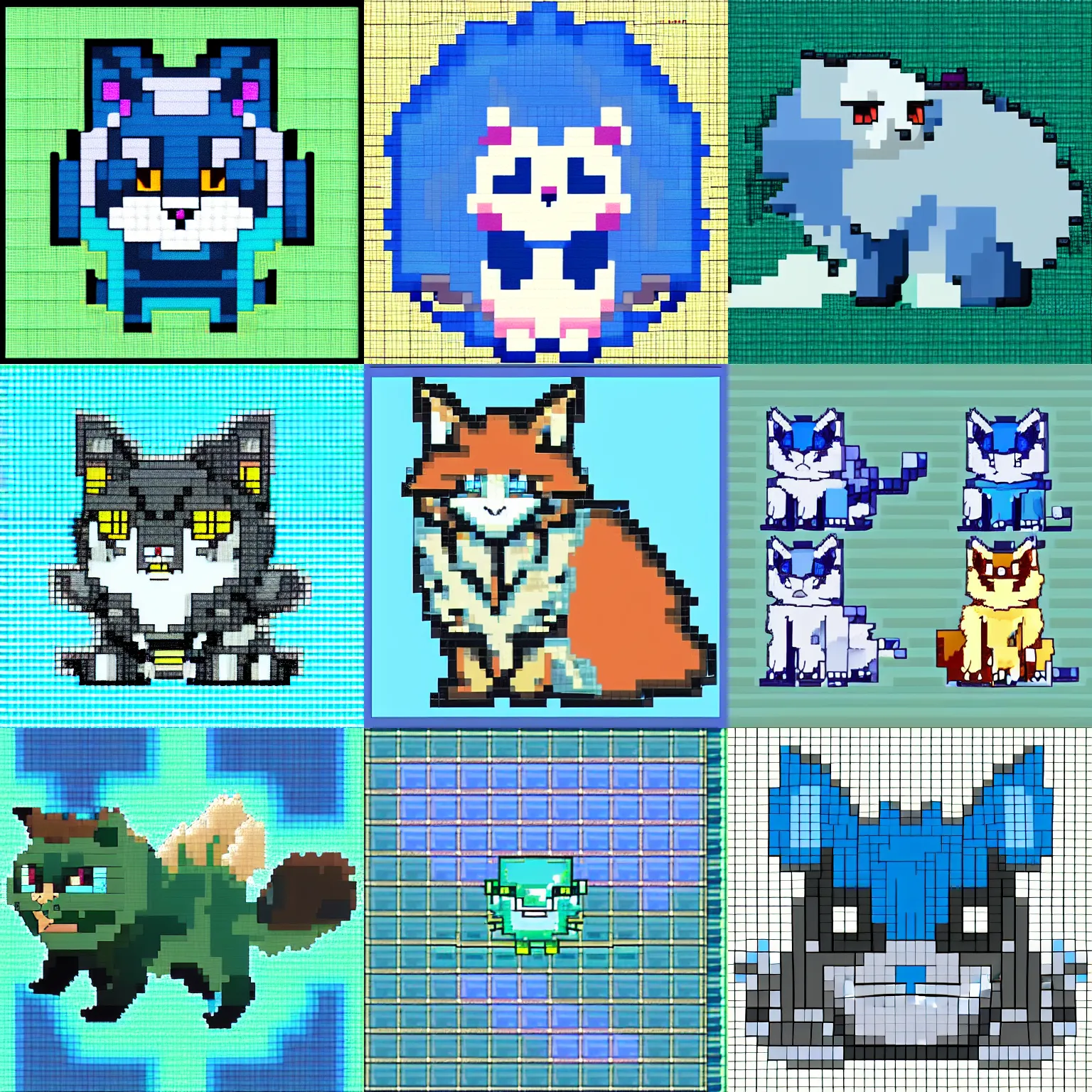 Prompt: blue Siberian forest cat in the style of Pokémon Diamond and Pearl, PixelArt