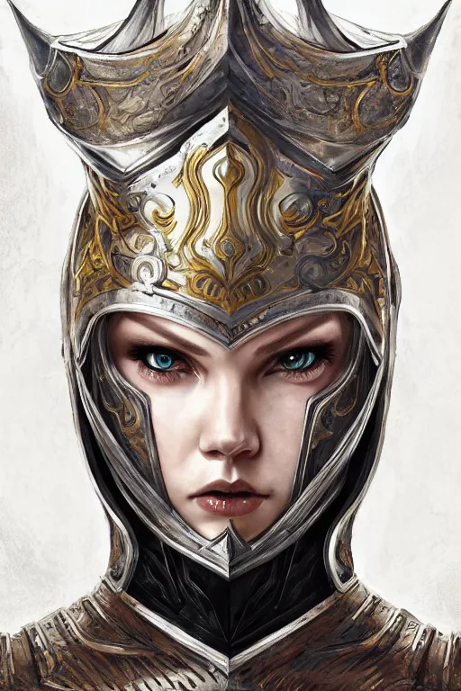 Image similar to head-on symmetrical centered painted portrait, Elisha Cuthbert as a paladin, blonde hair, ornate heavy plate armour, medieval robes, fantasy, intricate, elegant, highly detailed, smooth, sharp focus, illustration, artstation, in the style of Ross Tran and by Jesper Ejsing and by Mikalojus Konstantinas Ciurlionis