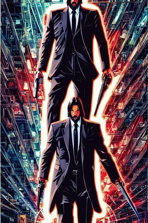 Image similar to poster of john wick as cyborg samurai, by yoichi hatakenaka, masamune shirow, josan gonzales and dan mumford, ayami kojima, takato yamamoto, barclay shaw, karol bak, yukito kishiro, highly detailed