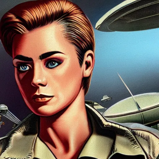 Prompt: character concept art of heroic square - jawed emotionless serious blonde butch woman aviator, with very short butch slicked - back hair, wearing brown leather jacket, standing in front of small spacecraft, alien 1 9 7 9, illustration, science fiction, retrofuture, highly detailed, colorful, realistic, graphic, ron cobb, mike mignogna