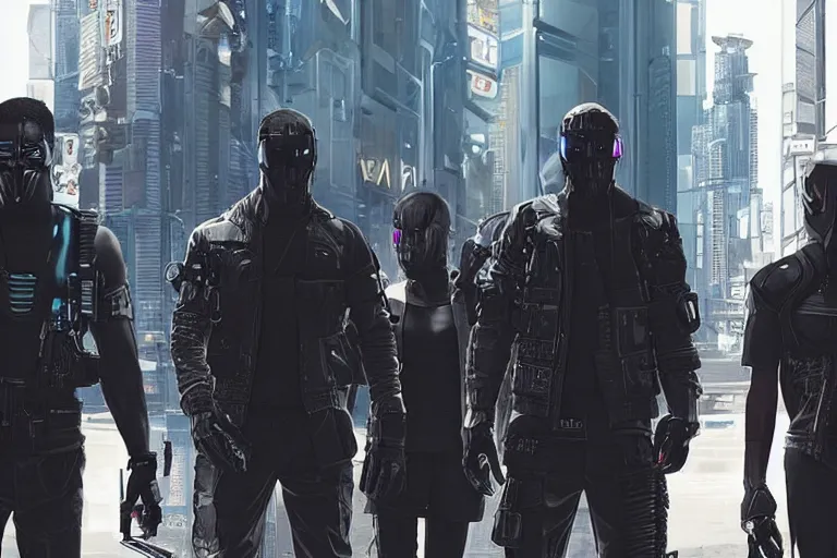 Image similar to movie diverse interracial team of Japanese sci-fi futuristic robbers armed with rifles interior clean futuristic tactical van, cyberpunk city, beautiful skin, Symmetrical faces. natural lighting by Emmanuel Lubezki