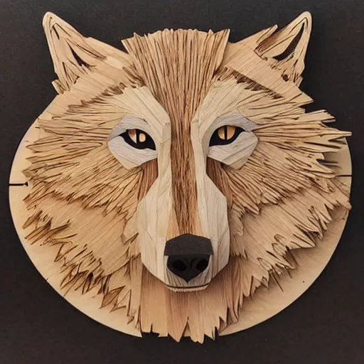 Prompt: detailed wolf howling made out of wood