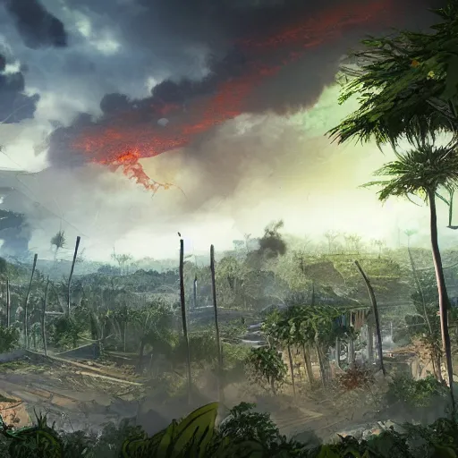 Prompt: Destroyed city, overgrown vegetation, surviving humans, blazing sky, game concept art, high detail