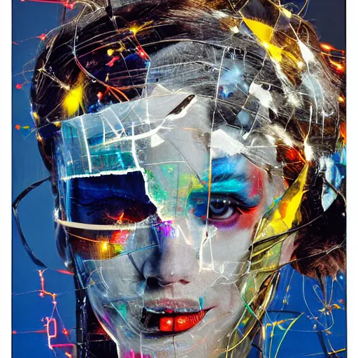 Image similar to woman cyborg, led display on forehead, mimmo rotella, alan bean, john chamberlain, peter kemp