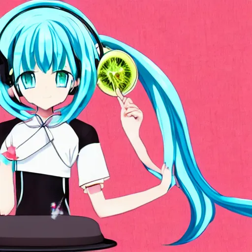 Image similar to Hatsune Miku in anime style cooking in the beach, high quality, pixiv