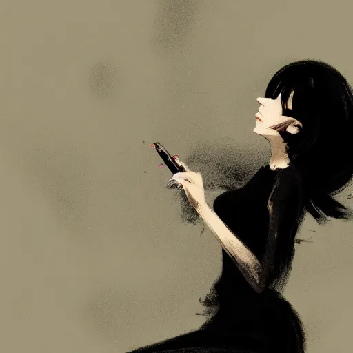 Image similar to Elegant woman in black dress and black bob hair, smoking a cigarette, sitting in dark room, smoke, smooth, sharp focus, by Akihiko Yoshida, Greg Tocchini, Greg Rutkowski, Cliff Chiang, 4k resolution, digital painting, small chromatic aberration