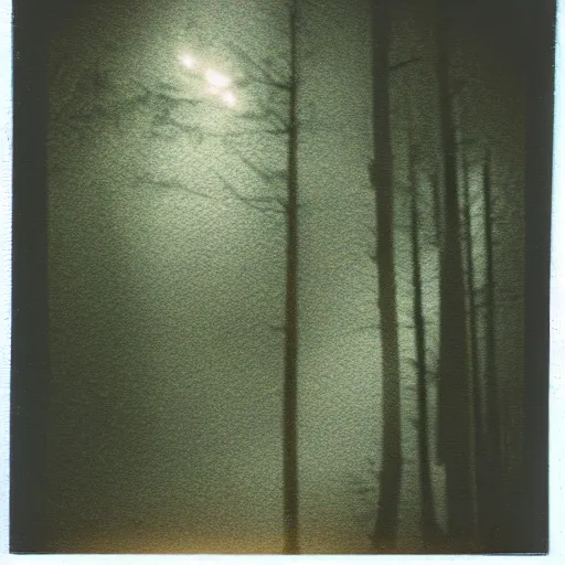 Prompt: glowing symbols on a tree in a forest clearing at night, old polaroid, expired film, blurry, lost footage, found footage, creepy,