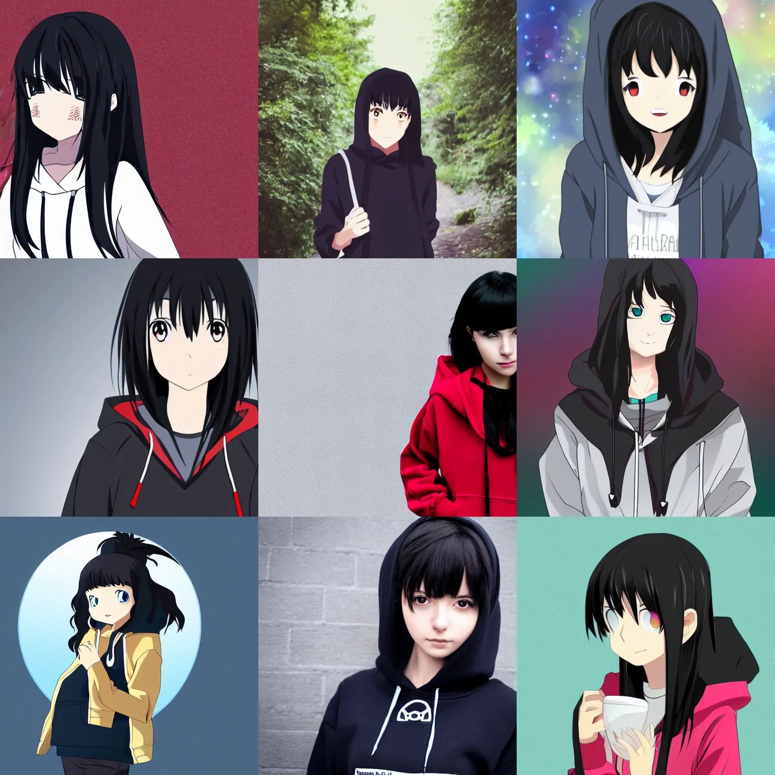 Prompt: black haired girl wearing hoodie, anime visual anime visual