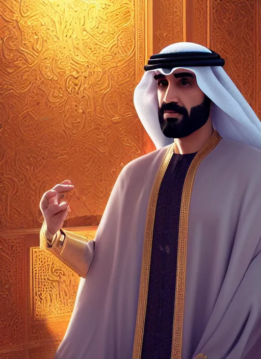 Image similar to portrait of sheikh mohammad ruler of dubai, trending in artstation, cinematic lighting, studio quality, smooth render, unreal engine 5 rendered, octane rendered, art style by klimt and nixeu and ian sprigger and wlop and krenz cushart.