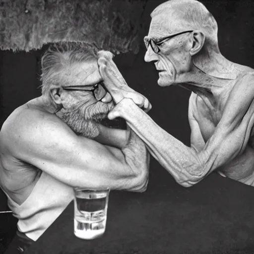 Image similar to James Joyce arm wrestling Samuel Beckett, photorealistic in the style of ansel adams