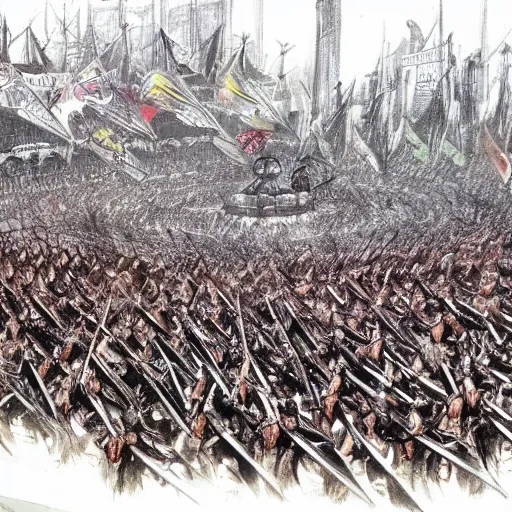 Image similar to one hero with sword looking at army of swordsmen in the background, in the middle of an arena, crowd of people, pencil art, added detail, high definiton, colored, aerial view, byyoji shinkawa