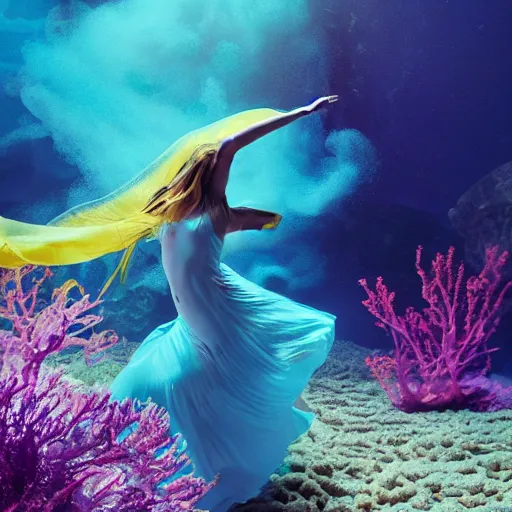 Image similar to woman dancing underwater wearing a flowing dress made of blue, magenta, and yellow seaweed, delicate coral sea bottom, swirling silver fish, swirling smoke shapes, octane render, caustics lighting from above, cinematic, hyperdetailed