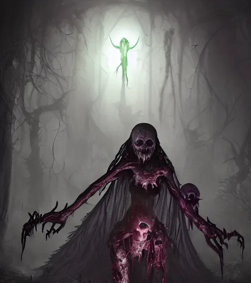 Image similar to gothic necrolord female with zombie servents, digital painting, liminal eerie midnight backlit, a picture taken by Michael Komarck and Daniel Ljunggren