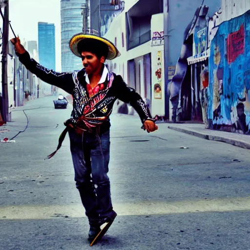 Image similar to A Mexican charro in a cyberpunk city riding a flying skateboard