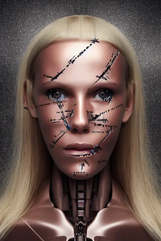 Image similar to robot with human face, female head, woman human face, human face realistic, human head, human head with blonde hair, blonde hair human head, blonde hair, human realistic face, human head skin, cyborg frame concept, cyborg by ales-kotnik, sci-fi android female