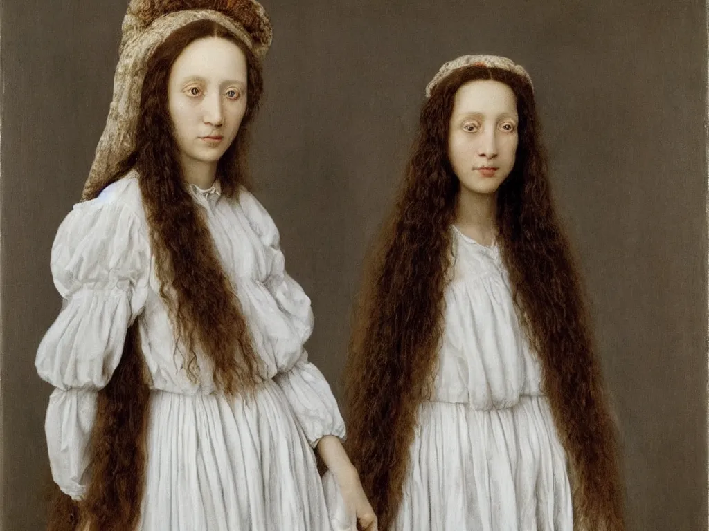 Prompt: portrait of a long haired hippy woman in a white dress. 21 th century clothes. Painting by Jan van Eyck, August Sander.