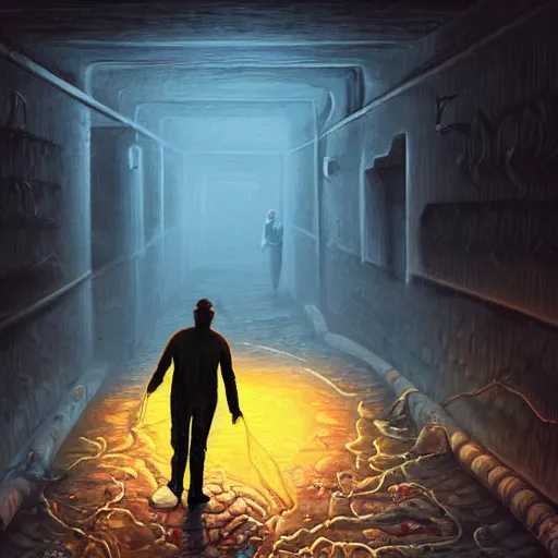 Image similar to a hyper realistic painting of a half lizard half man standing in a sewer, glowing eyes, creepy, horror vibe, real, in the style of dan mumford