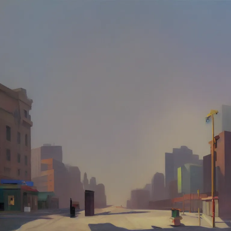 Prompt: trash flowing everywhere, piles of trash, city fog, early morning, , painted by Edward Hopper, painted by Wayne Barlow, airbrush