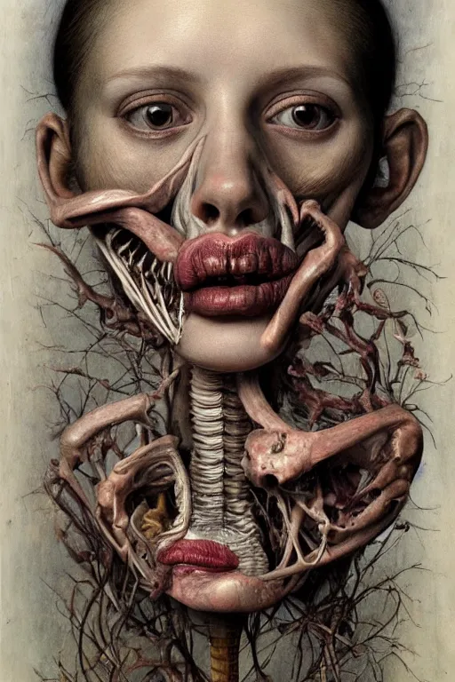 Image similar to Detailed maximalist portrait with large lips and eyes, scared expression, botanical anatomy, skeletal with extra flesh, HD mixed media, 3D collage, highly detailed and intricate, surreal illustration in the style of Jenny Saville, dark art, baroque, centred in image