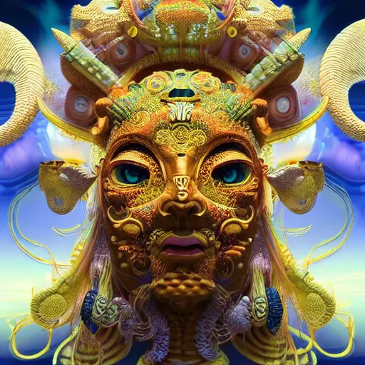 Prompt: 3 d goddess close - up frontal portrait with ram golden skull. beautiful intricately detailed japanese fractal kitsune mask and clasical japanese kimono. betta fish, jellyfish phoenix, bio luminescent, plasma, ice, water, wind, creature, mandelbulb, fractal, artwork by tooth wu and wlop and beeple and greg rutkowski