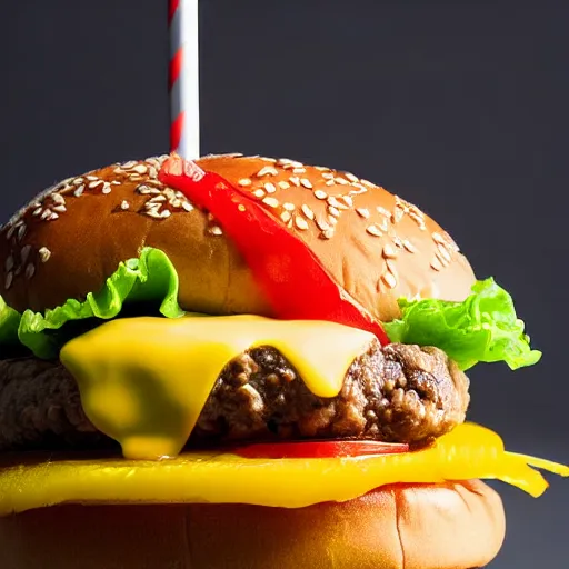 Prompt: close ups photo of a delicious cheeseburger with lots of toppings, studio lighting 1 0 0 mm photograph