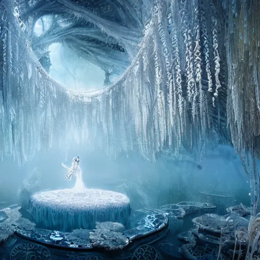 Image similar to under an white intricate like lace epic forest suspended in the air upside down, a white pool with intricate epic circles of water within floating female robots, dressed in intricate veils and jewels, and an intricate mythological underwater city, epic environment, matte painting, diffused lighting, highly detailed, cinematic, epic atmosphere, digital art, trending on artstation, wide angle
