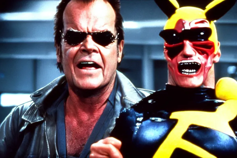 Prompt: Jack Nicholson plays Terminator in the costume Pikachu, scene where his endoskeleton gets exposed, still from the film