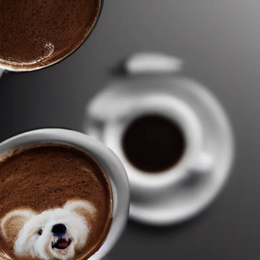 Image similar to a closeup photorealistic photograph of barista drawing bichon frise shaped latte art in a cup. professional capture, well lit shot. this 4 k hd image is trending on artstation, featured on behance, well - rendered, extra crisp, features intricate detail, epic composition and the style of unreal engine.