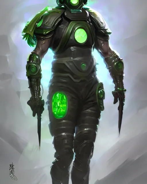 Prompt: concept art of a futuristic warrior, large tubes, green crystals in arms, futurstic sleek gas mask | | epic - fine - fine details by stanley artgerm lau, wlop, rossdraws, and sakimichan, trending on artstation, brush strokes