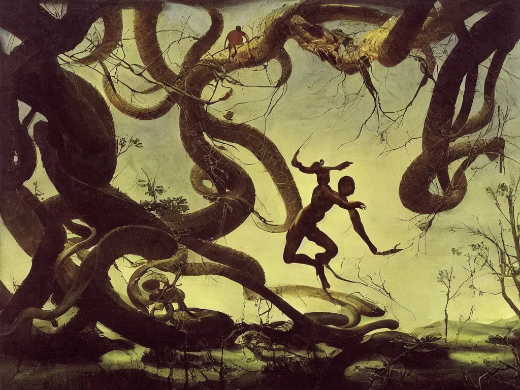 Image similar to Strange man fighting a giant snake. The tree-like animals of Andromeda. Surreal, melancholic, serene, torrential rain. Painting by Caravaggio, Caspar David Friedrich, Roger Dean