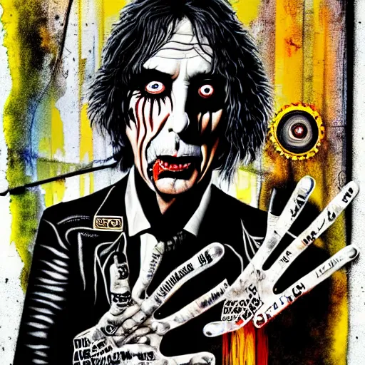 Image similar to graphic illustration, creative design, alice cooper, biopunk, francis bacon, highly detailed, hunter s thompson, mixed media