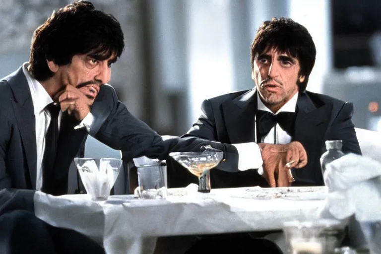 Image similar to medium shot. tony montana from movie scarface 1 9 8 3 sitting at a table with package of cocaine. al pacino. perfect symmetric face, coherent eyes, fine details, 4 k, ron cobb. cinestill